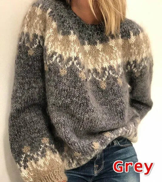 Ethnic-style casual pullover jacquard sweater for women, perfect for autumn and winter. Fashionable knitted top for a cozy, chic look.