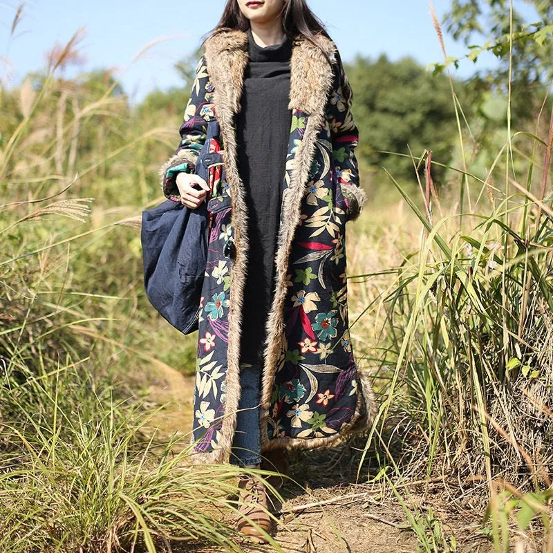 Ethnic Style Winter Coat Fur Collar Long Dust Coat Windbreaker Cotton Linen Vintage Cotton Padded Clothes Jaqueta Feminina f1859