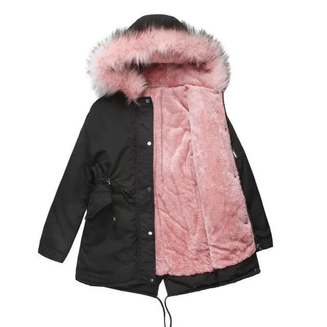 FashionSierra - Classic Fur Jacket Drawstring Hooded Parkas Coat