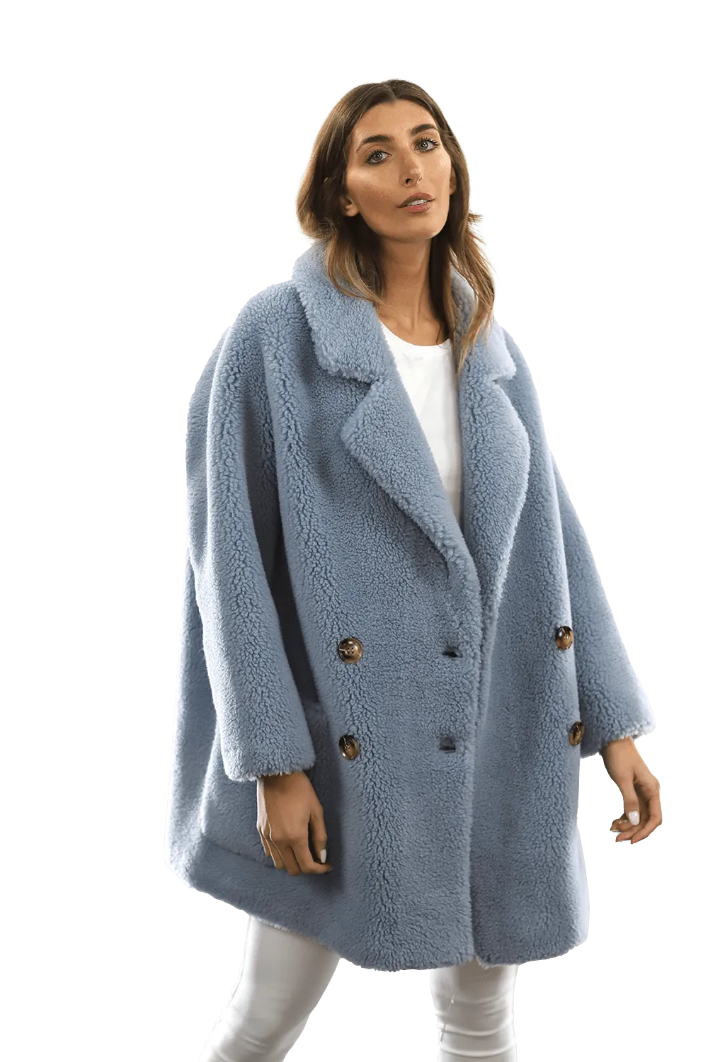 Faux Fur Teddy Coat with Pockets - Blue