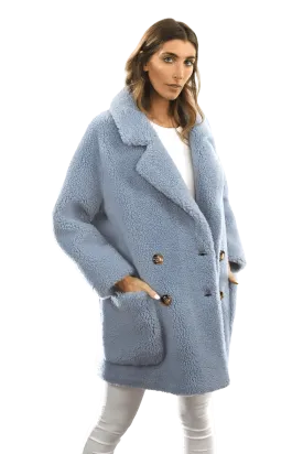 Faux Fur Teddy Coat with Pockets - Blue