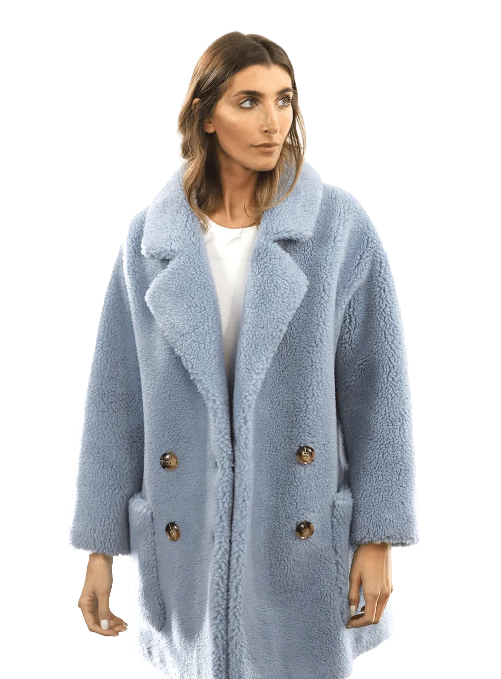 Faux Fur Teddy Coat with Pockets - Blue