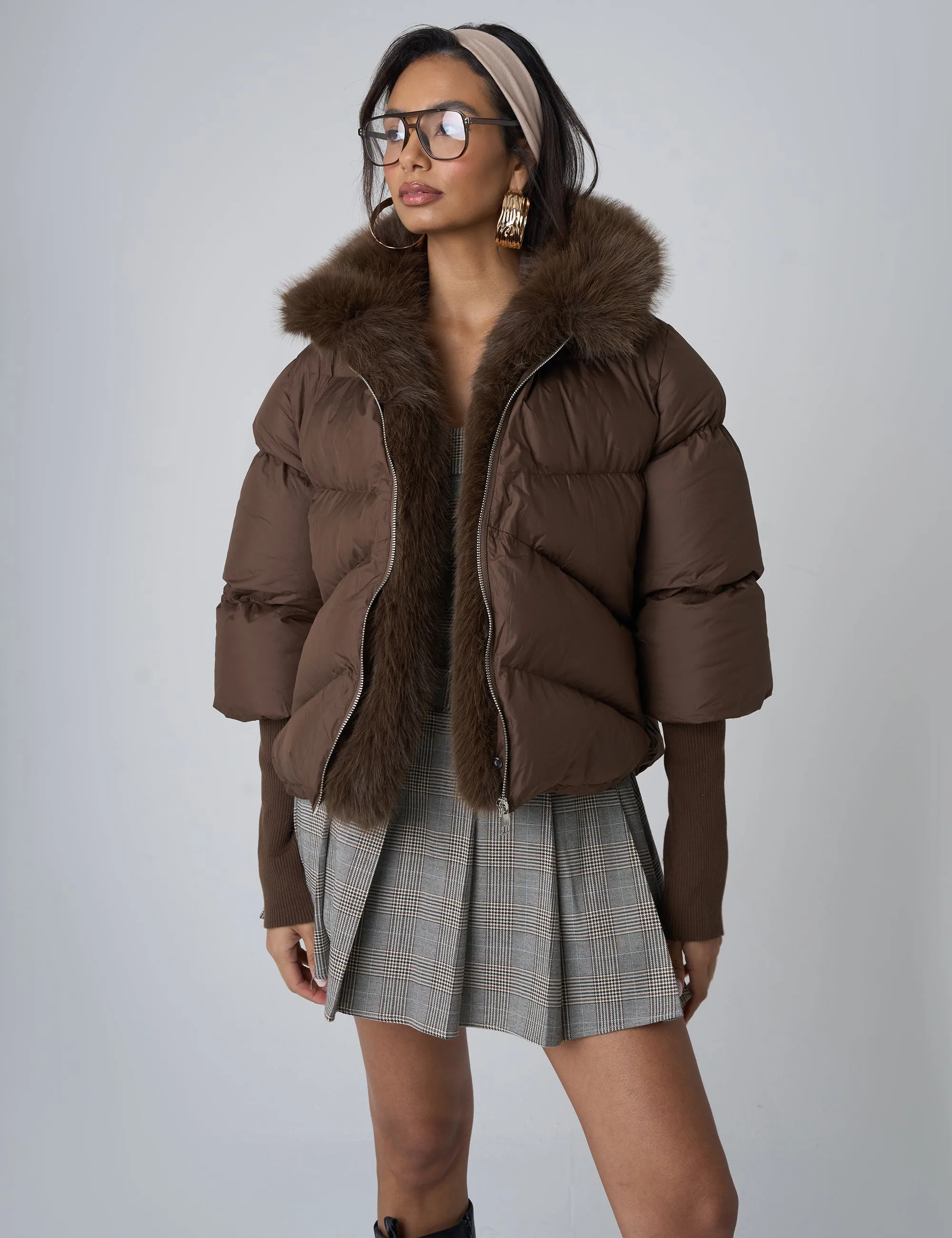 Faux Fur Trim Hooded Puffer Coat Chocolate