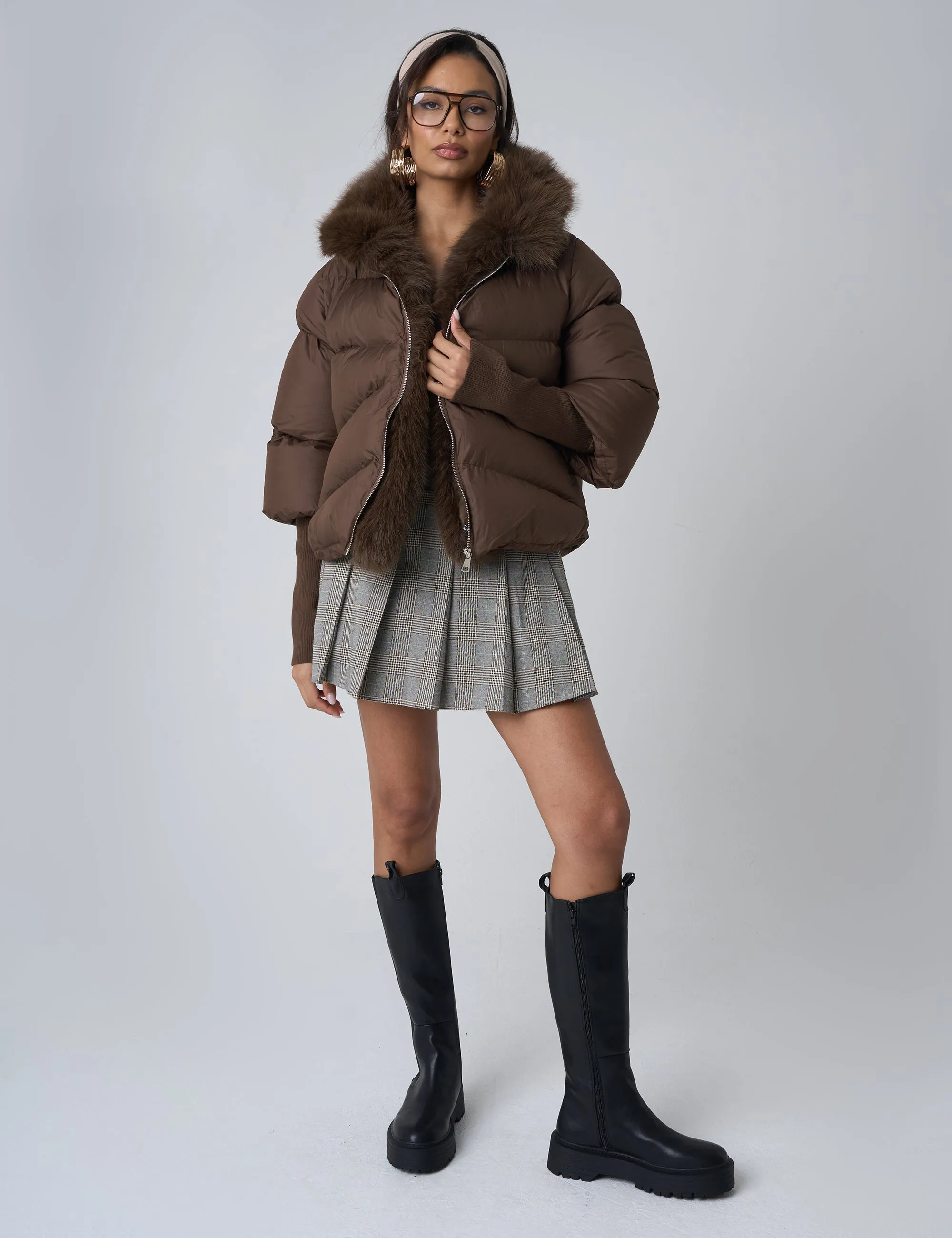 Faux Fur Trim Hooded Puffer Coat Chocolate