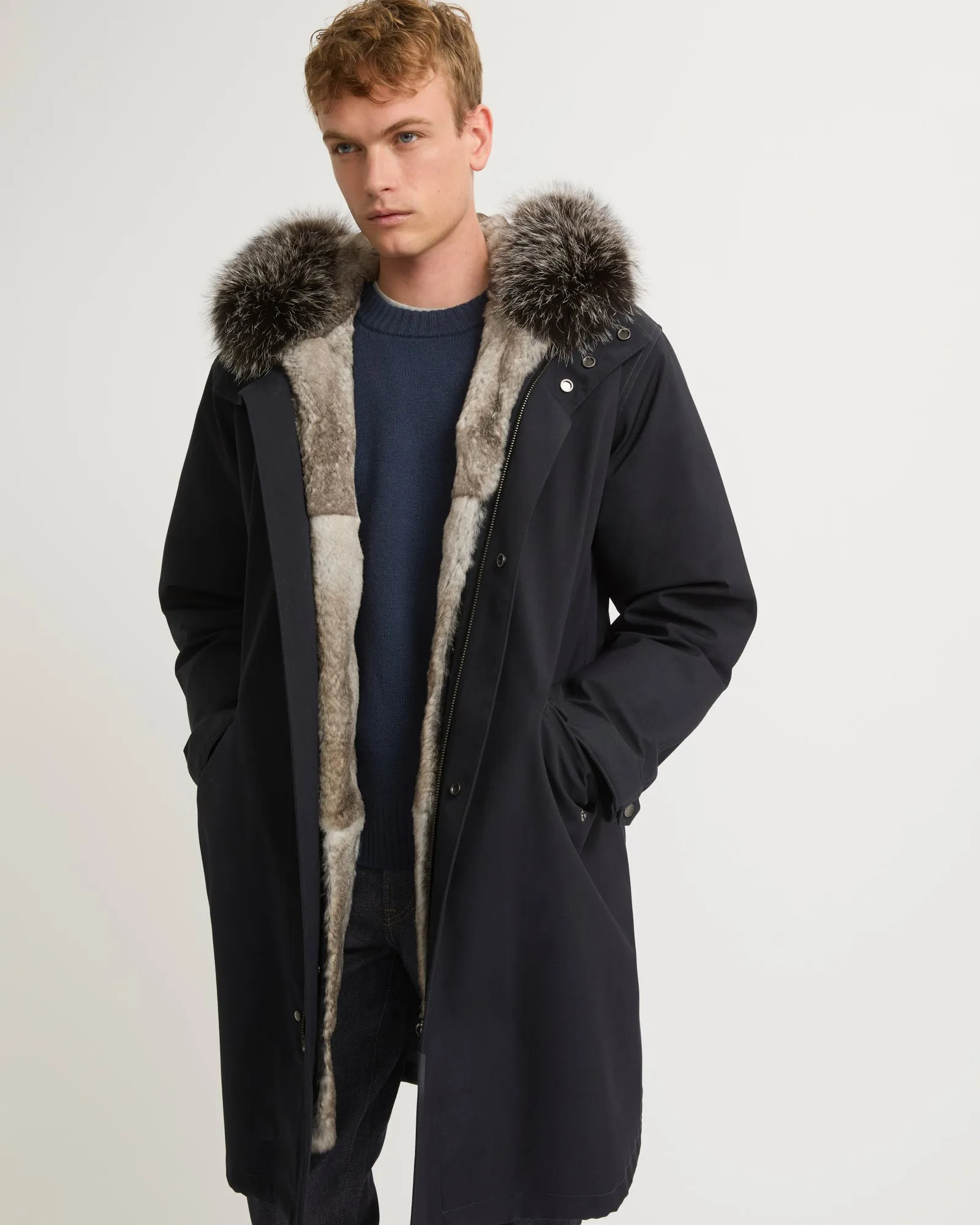 Fishtail parka in technical wool and fur