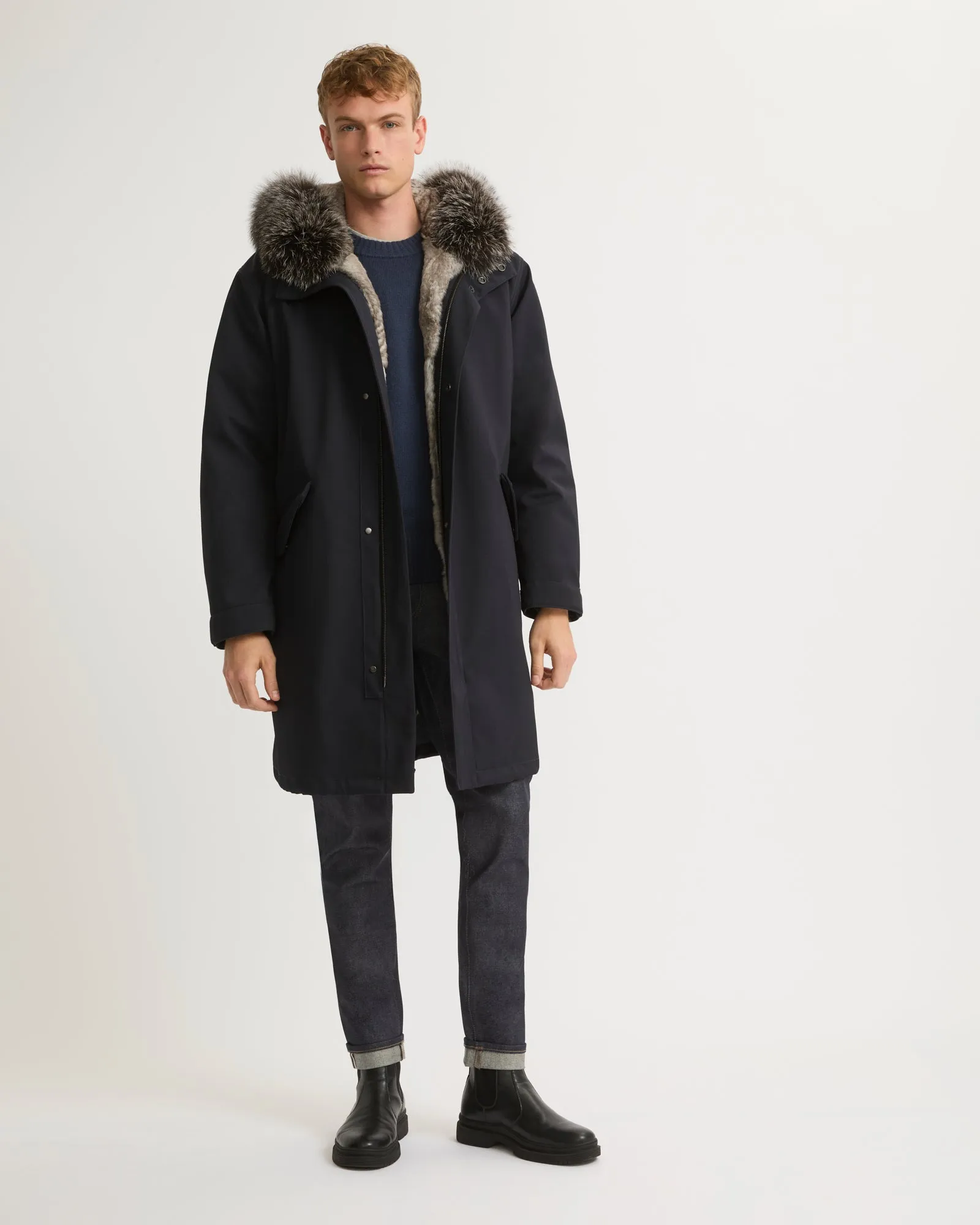 Fishtail parka in technical wool and fur