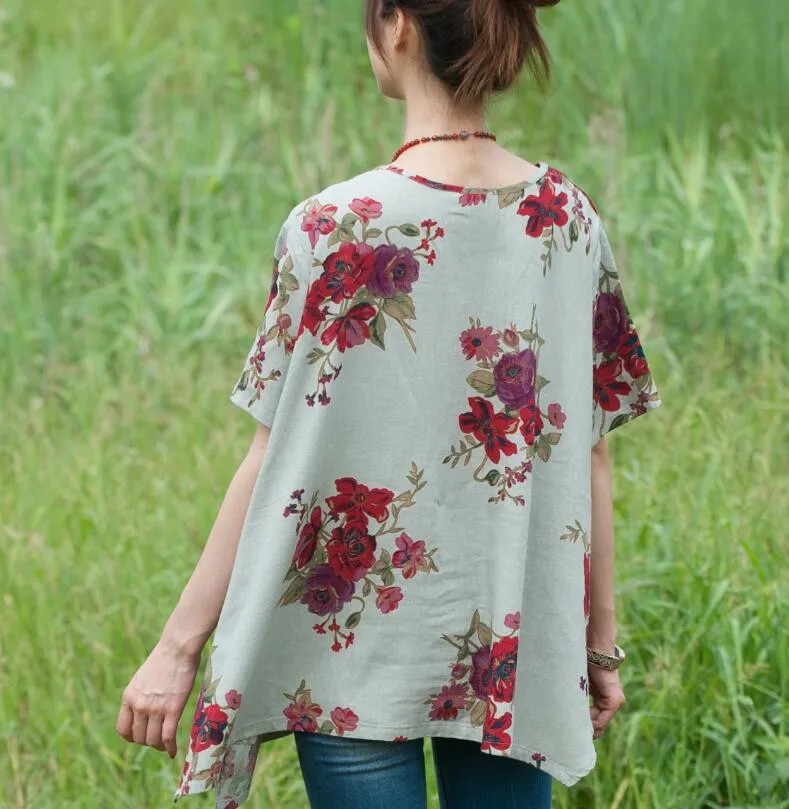 Floral Cotton-Linen Tunic Tops for Women