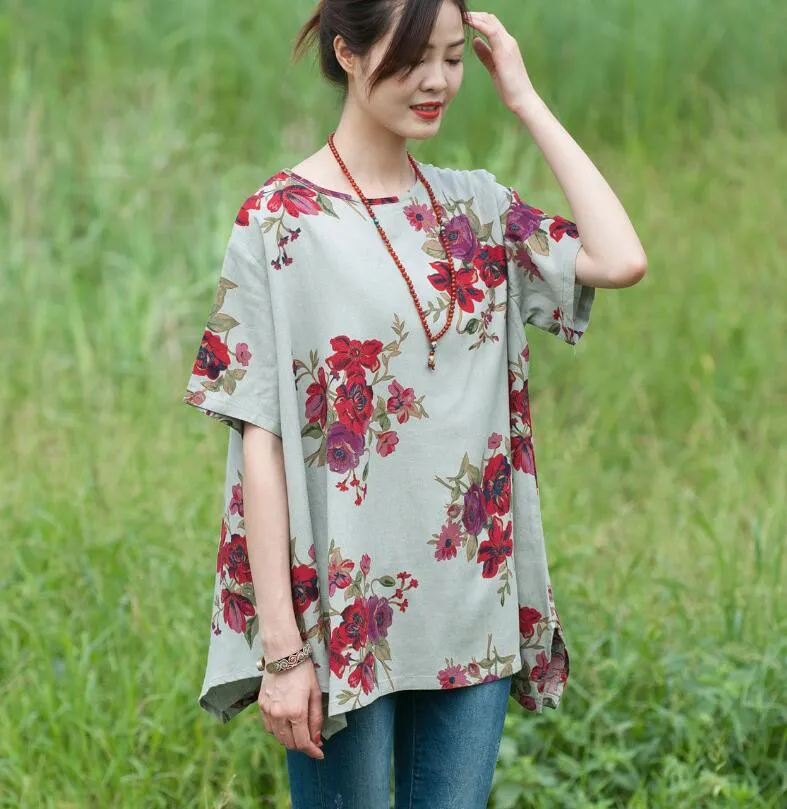 Floral Cotton-Linen Tunic Tops for Women