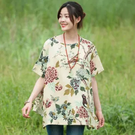 Floral Cotton-Linen Tunic Tops for Women