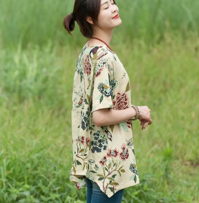 Floral Cotton-Linen Tunic Tops for Women