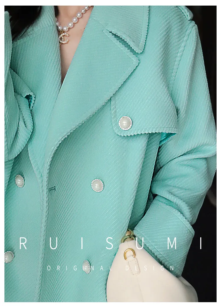 French ladies winter gentle tie tourmaline green elegant light luxury thick twill woolen long sleeve coat- Rita