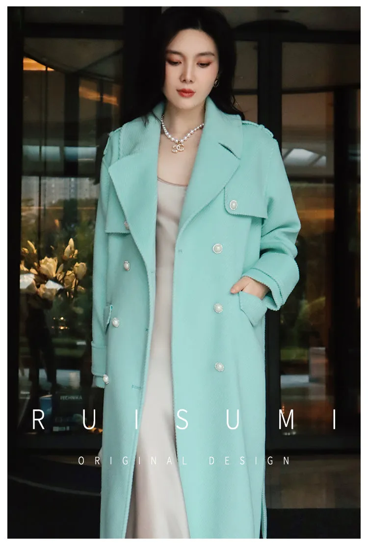 French ladies winter gentle tie tourmaline green elegant light luxury thick twill woolen long sleeve coat- Rita