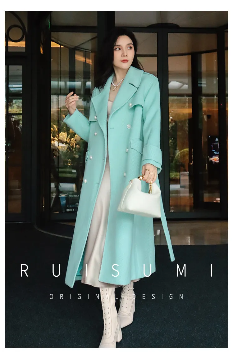 French ladies winter gentle tie tourmaline green elegant light luxury thick twill woolen long sleeve coat- Rita