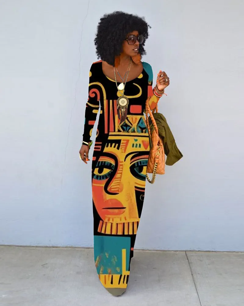 Fun Abstract Ethnic Print Crew Neck Long Sleeve Dress