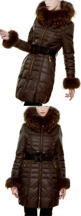 Fur-Trim Paneled Puffer Coat, Brown