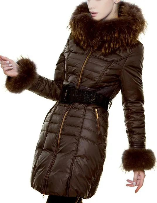 Fur-Trim Paneled Puffer Coat, Brown