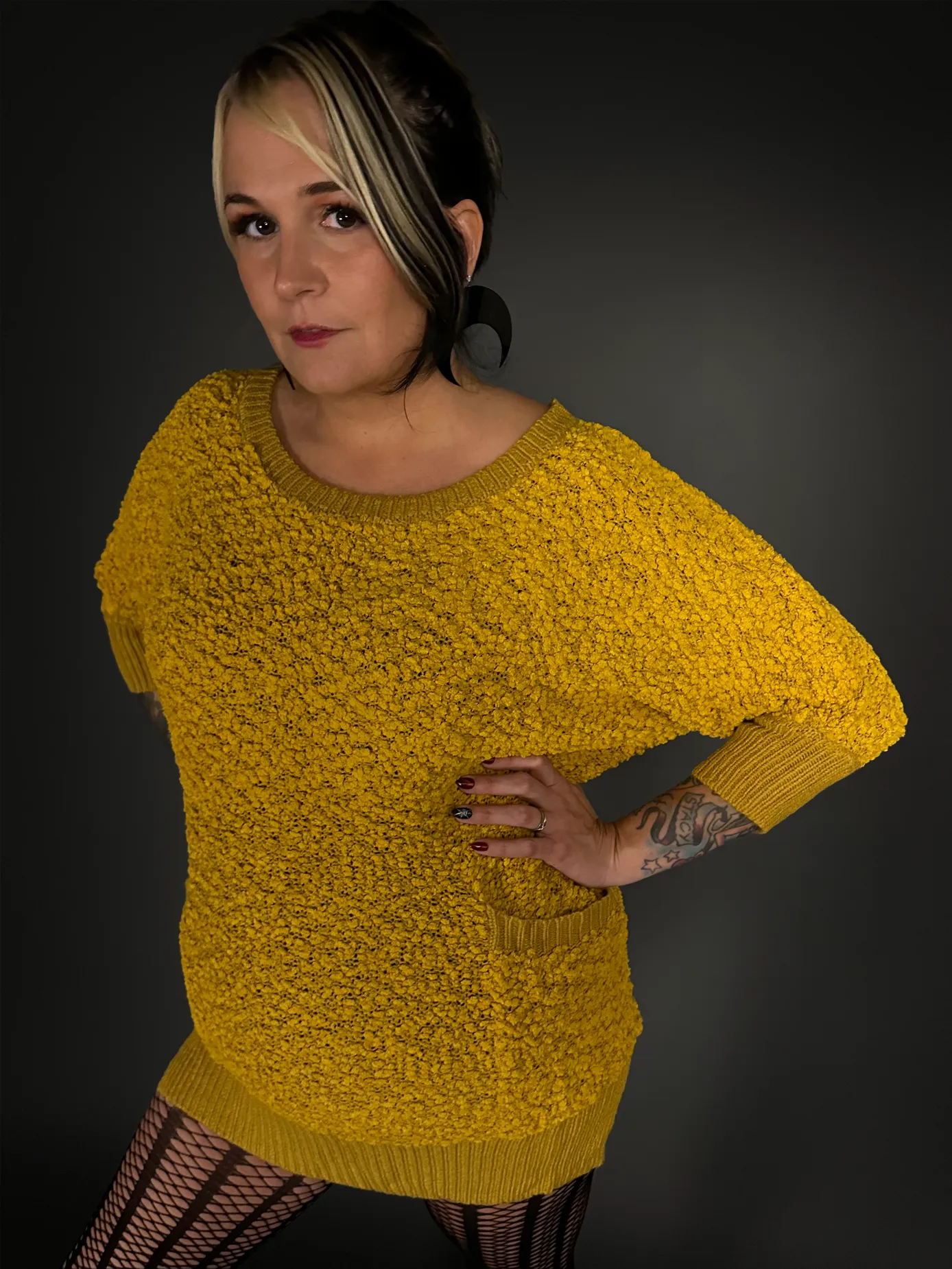 Fuzzy Short Indie Sweater Dress with Pockets in Mustard Yellow