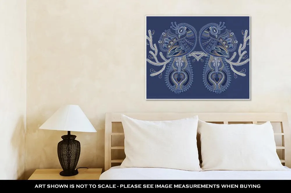 Gallery Wrapped Canvas, Ethnic Folk Art Of Two Peacock Bird With Flowering Branch Design