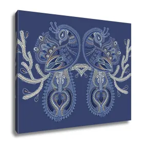 Gallery Wrapped Canvas, Ethnic Folk Art Of Two Peacock Bird With Flowering Branch Design