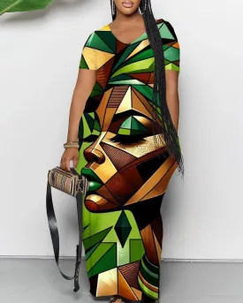 Geometric Patchwork Portrait Art Print V-Neck Short-Sleeved Maxi Dress