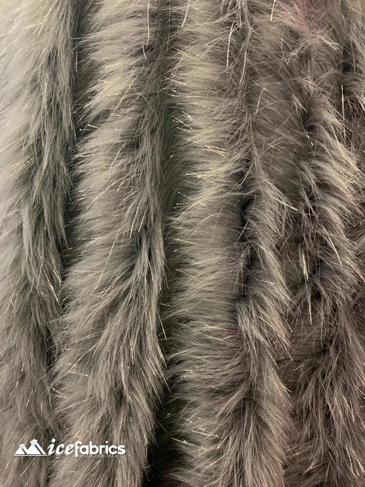 Gray Tinsel Long Pile Mongolian Faux Fur Fabric By The Yard Fashion Fabric