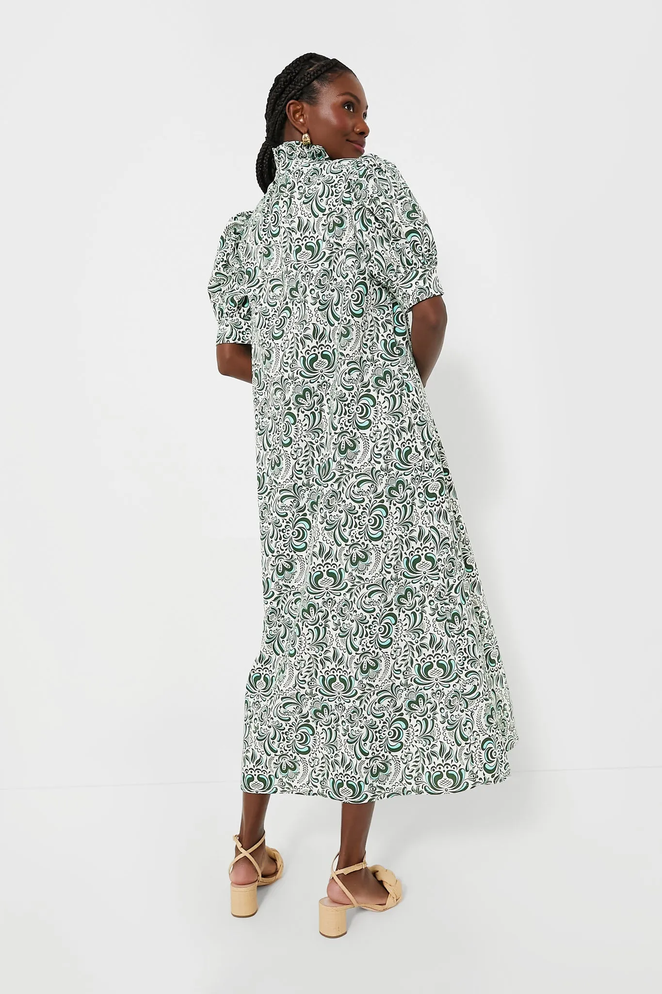 Green Floral Linen Ruffle Collar Louisa Maxi Dress