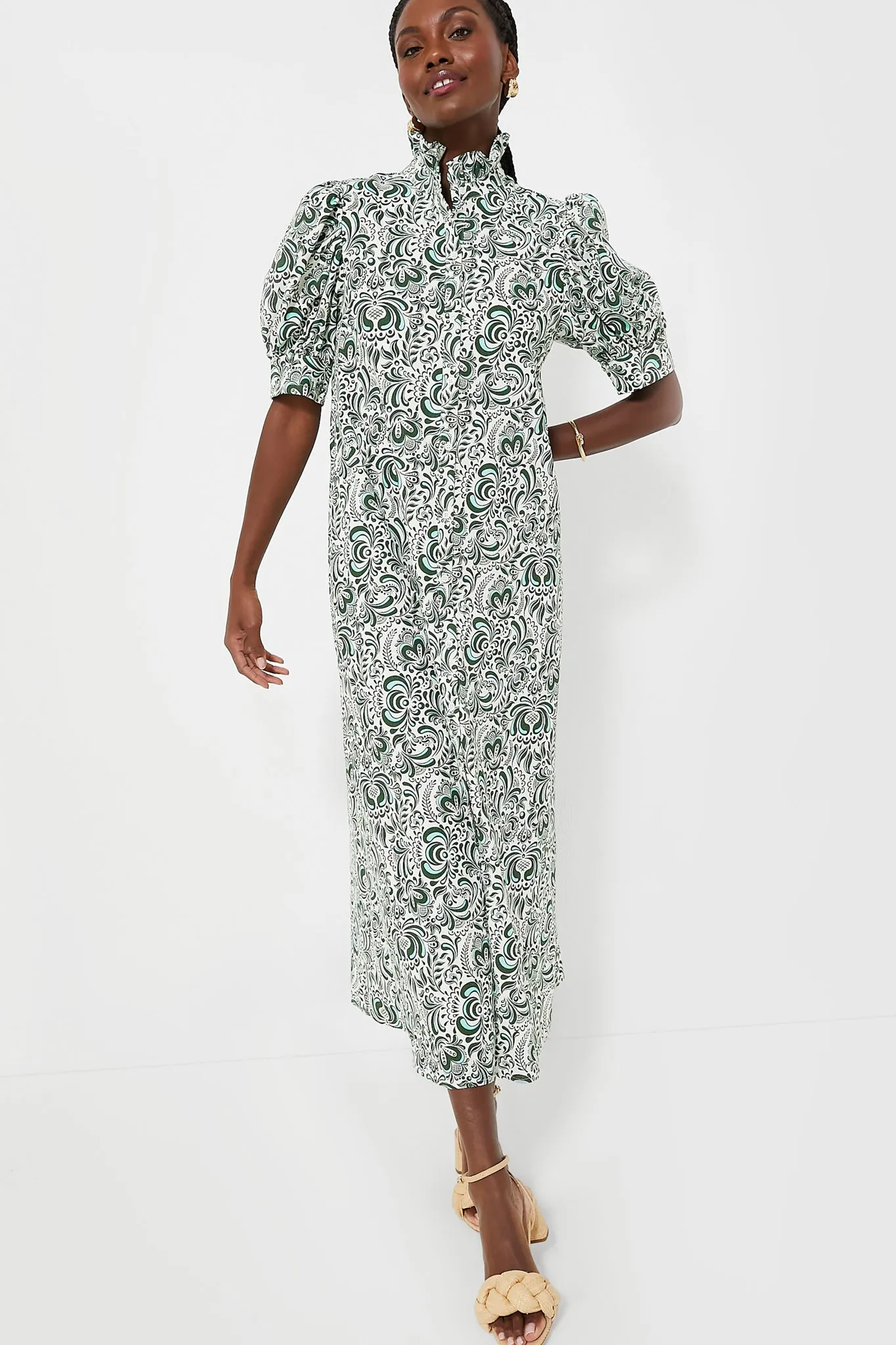 Green Floral Linen Ruffle Collar Louisa Maxi Dress