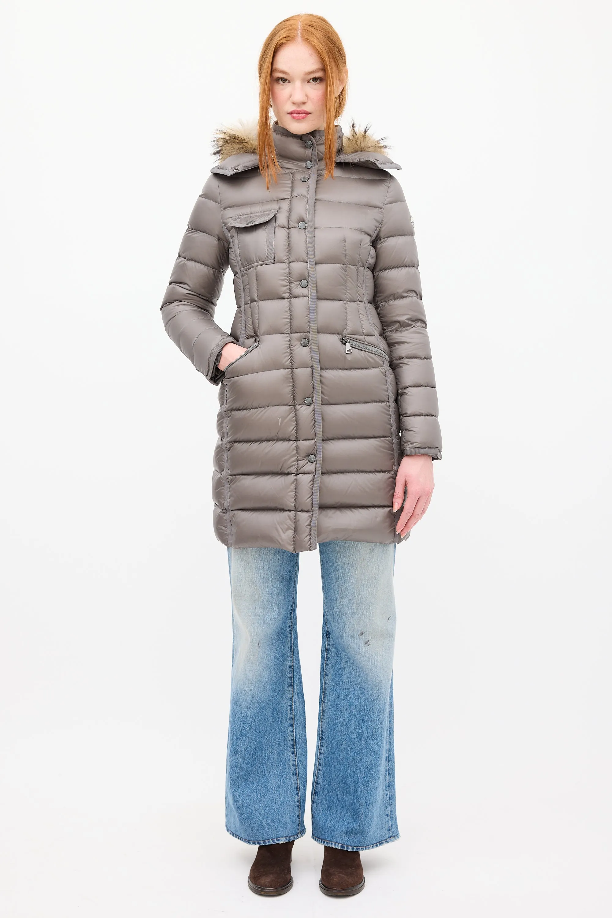 Grey Down & Fur Trim Hemifur Puffer Coat