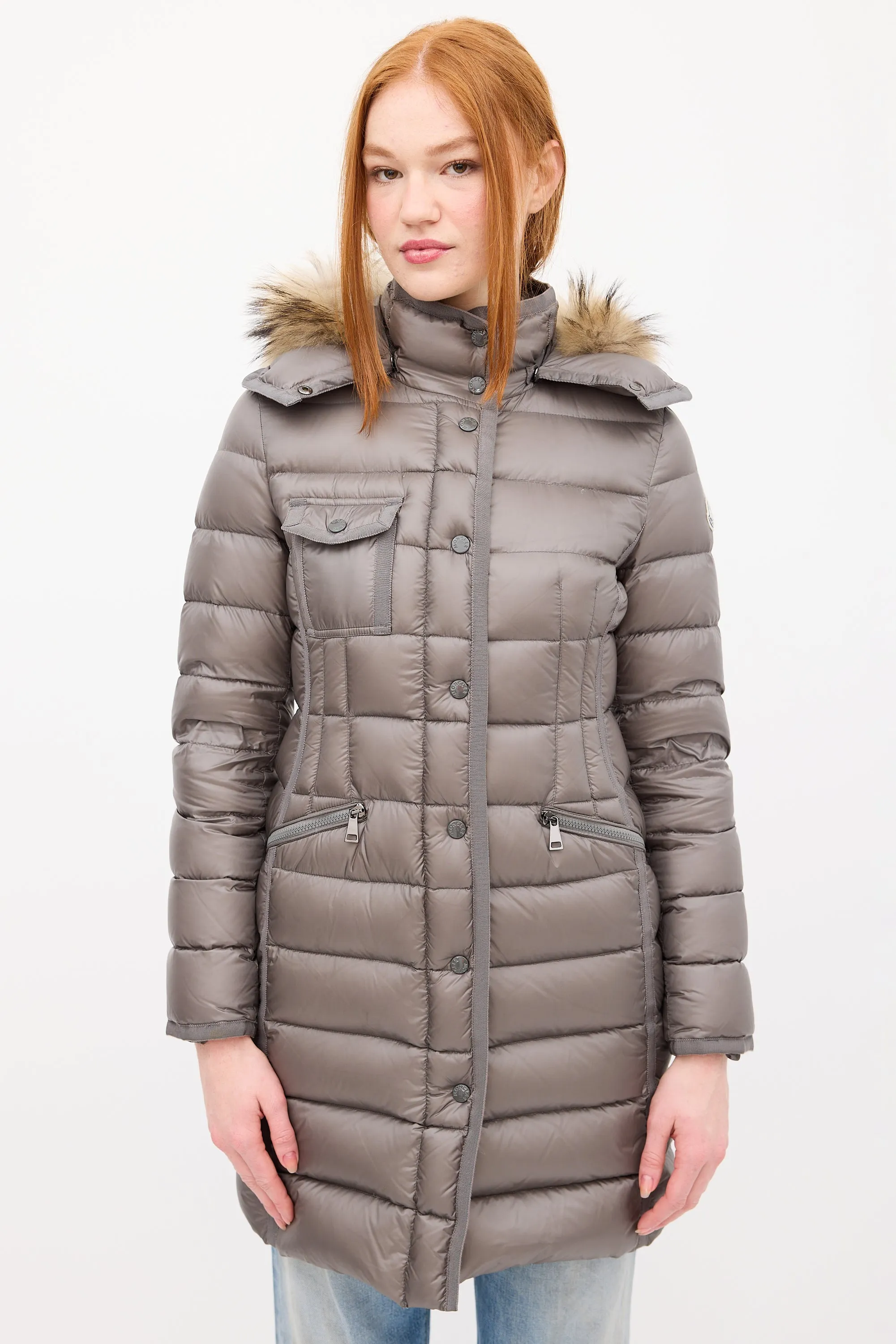 Grey Down & Fur Trim Hemifur Puffer Coat