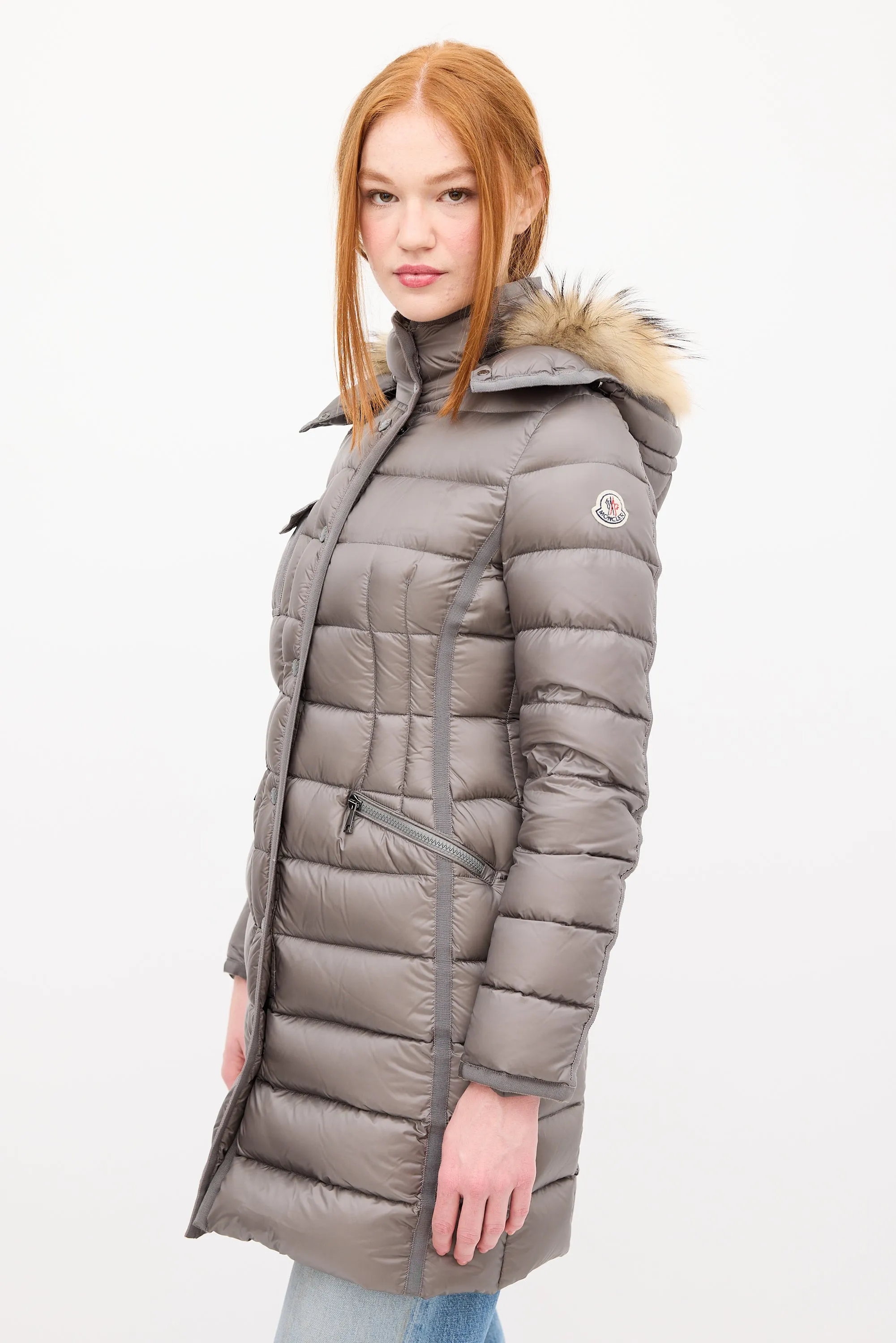 Grey Down & Fur Trim Hemifur Puffer Coat