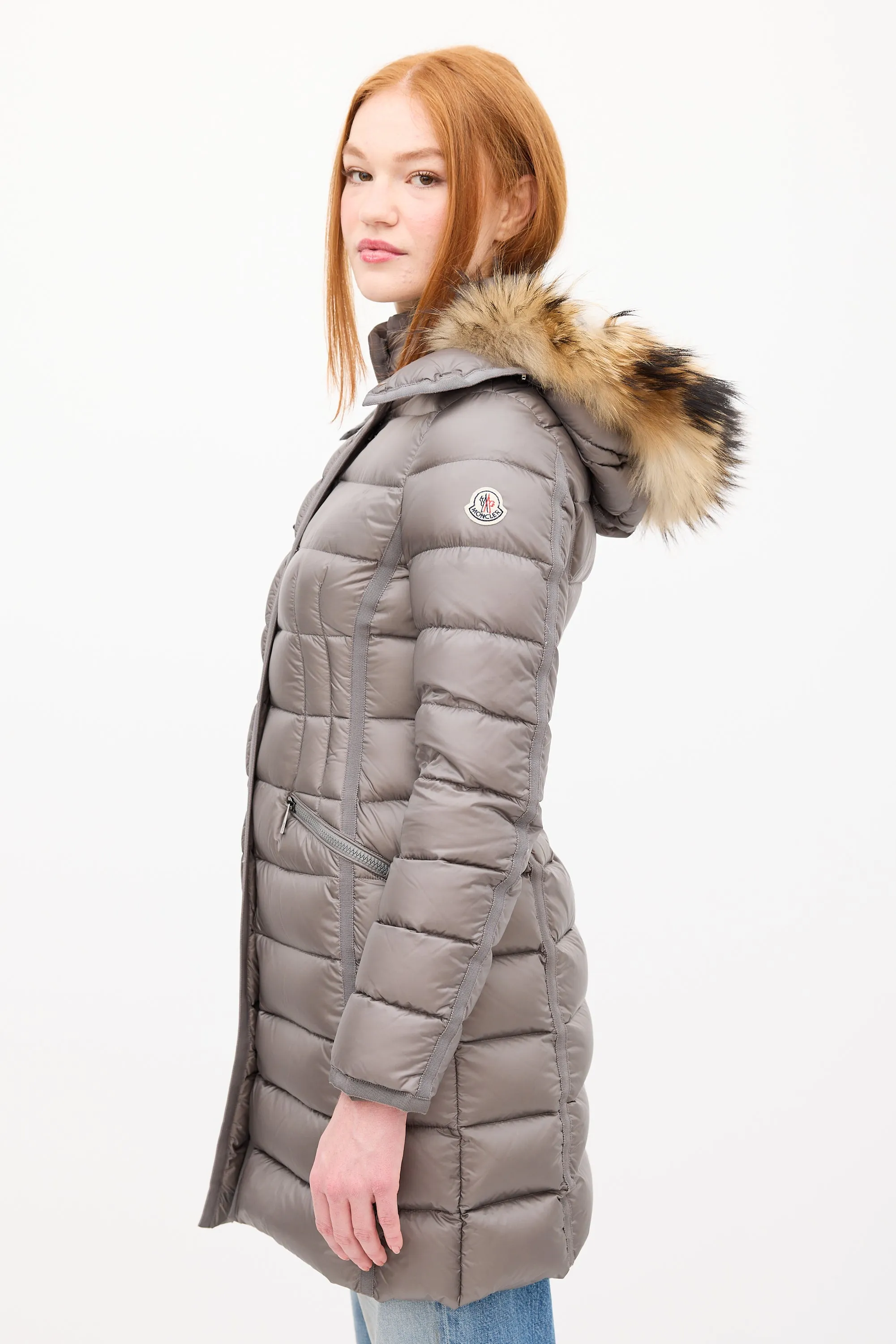 Grey Down & Fur Trim Hemifur Puffer Coat