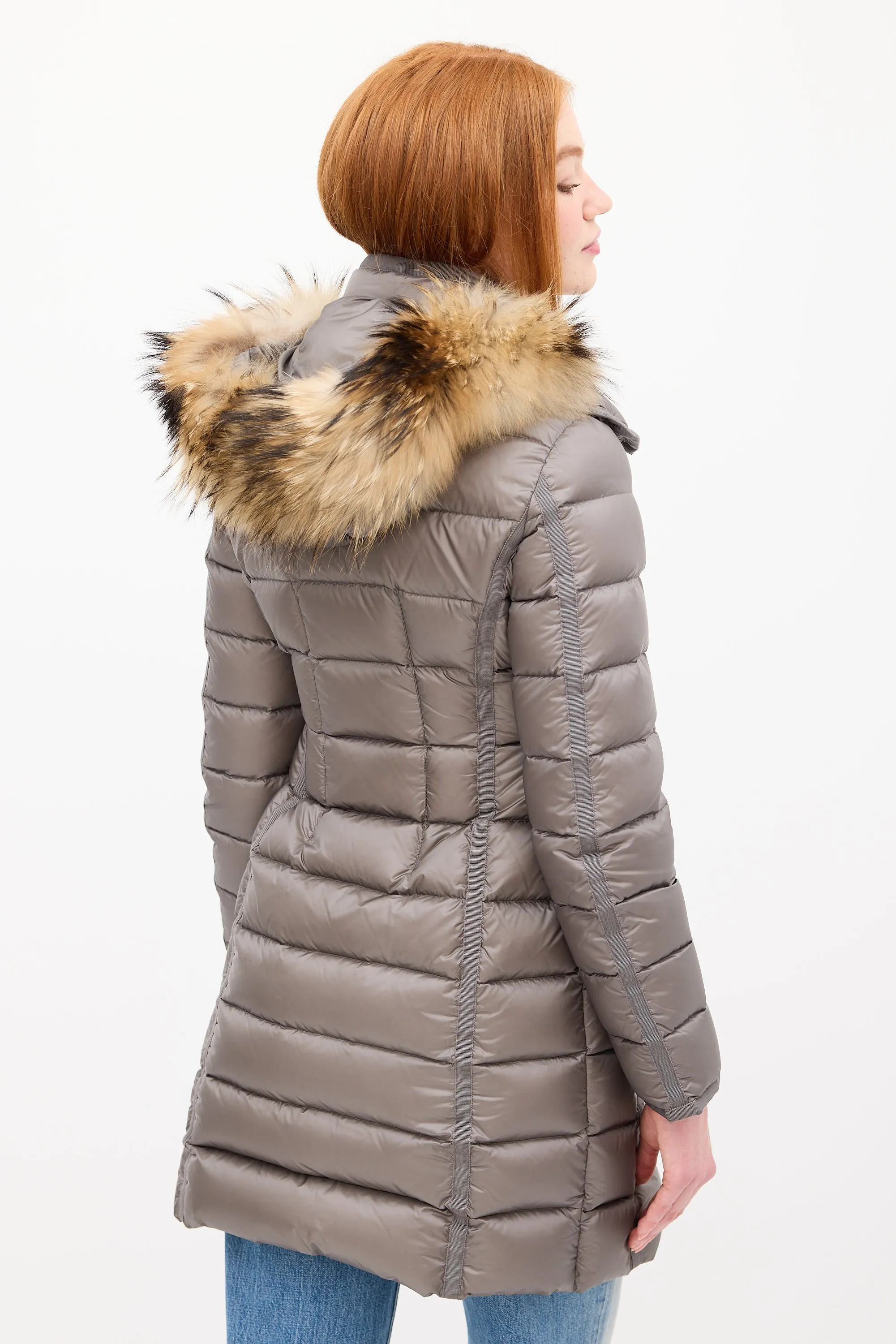 Grey Down & Fur Trim Hemifur Puffer Coat