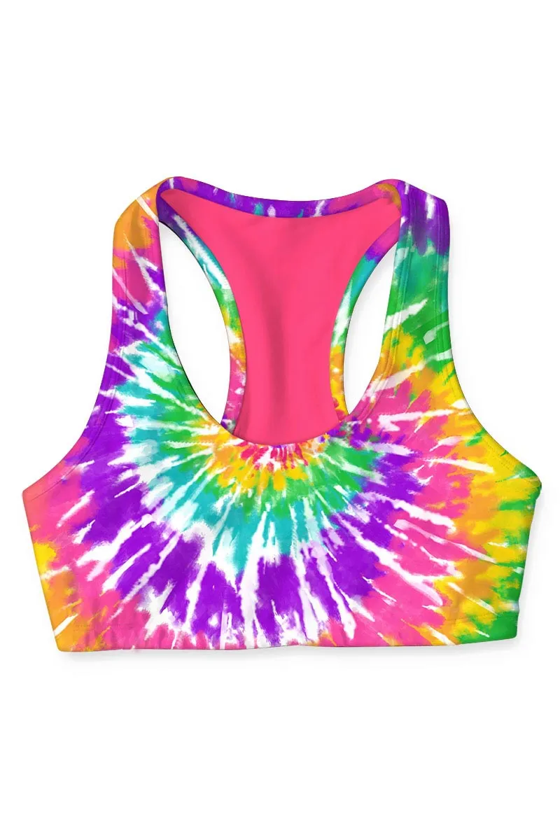 Groovy Stella Pink Tie Dye Print Seamless Racerback Sports Bra - Women