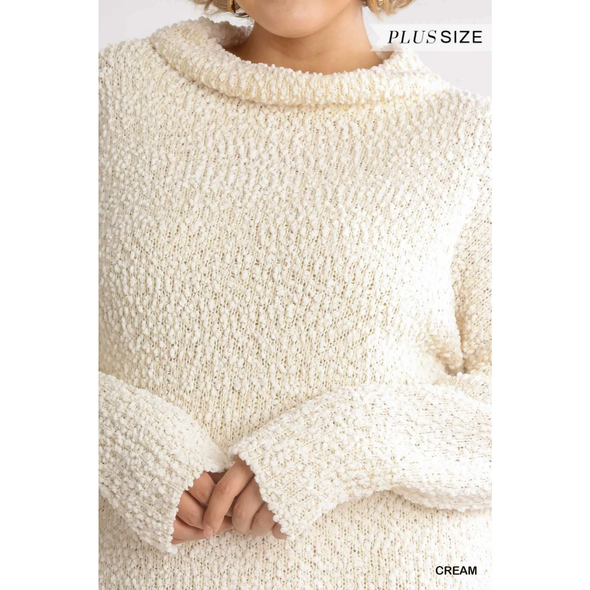 High Cowl Neck Bouclé Plus-size Long Sleeve Sweater Dress