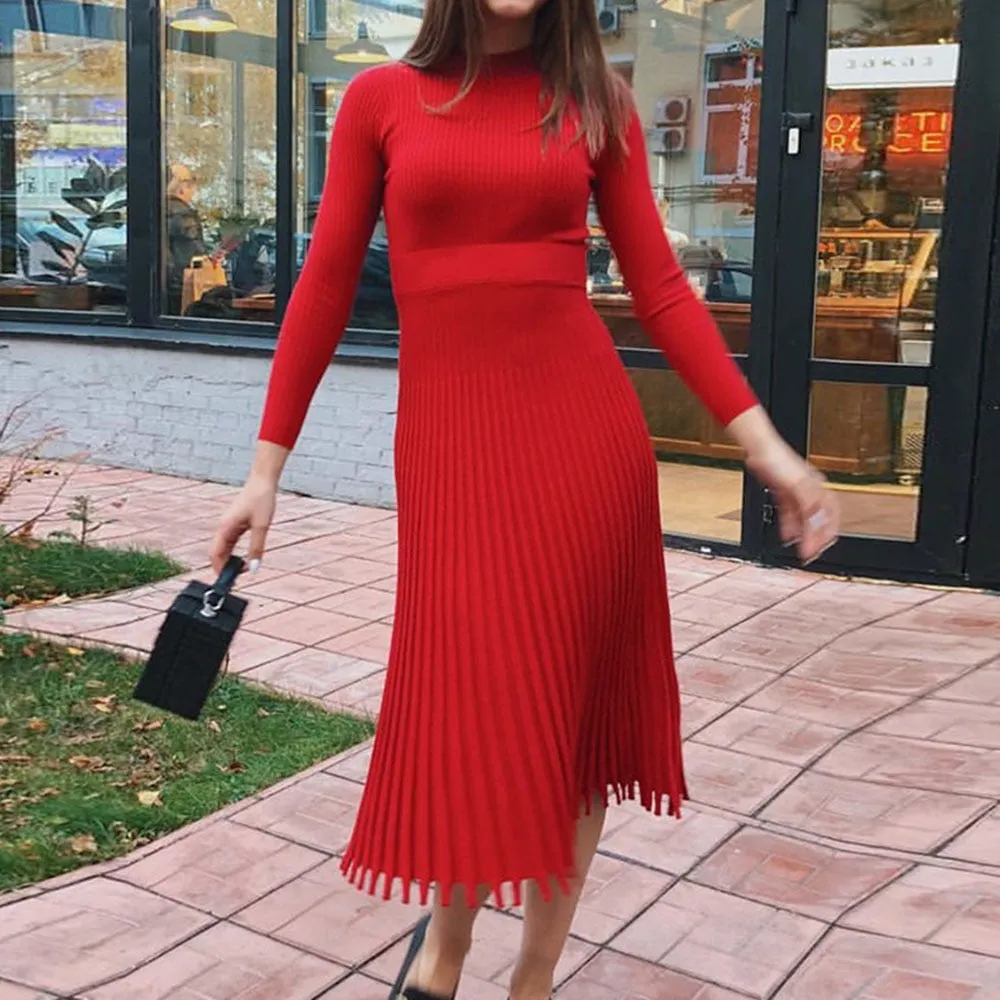 High-end Pleated Retro A-Line Sweater Dress