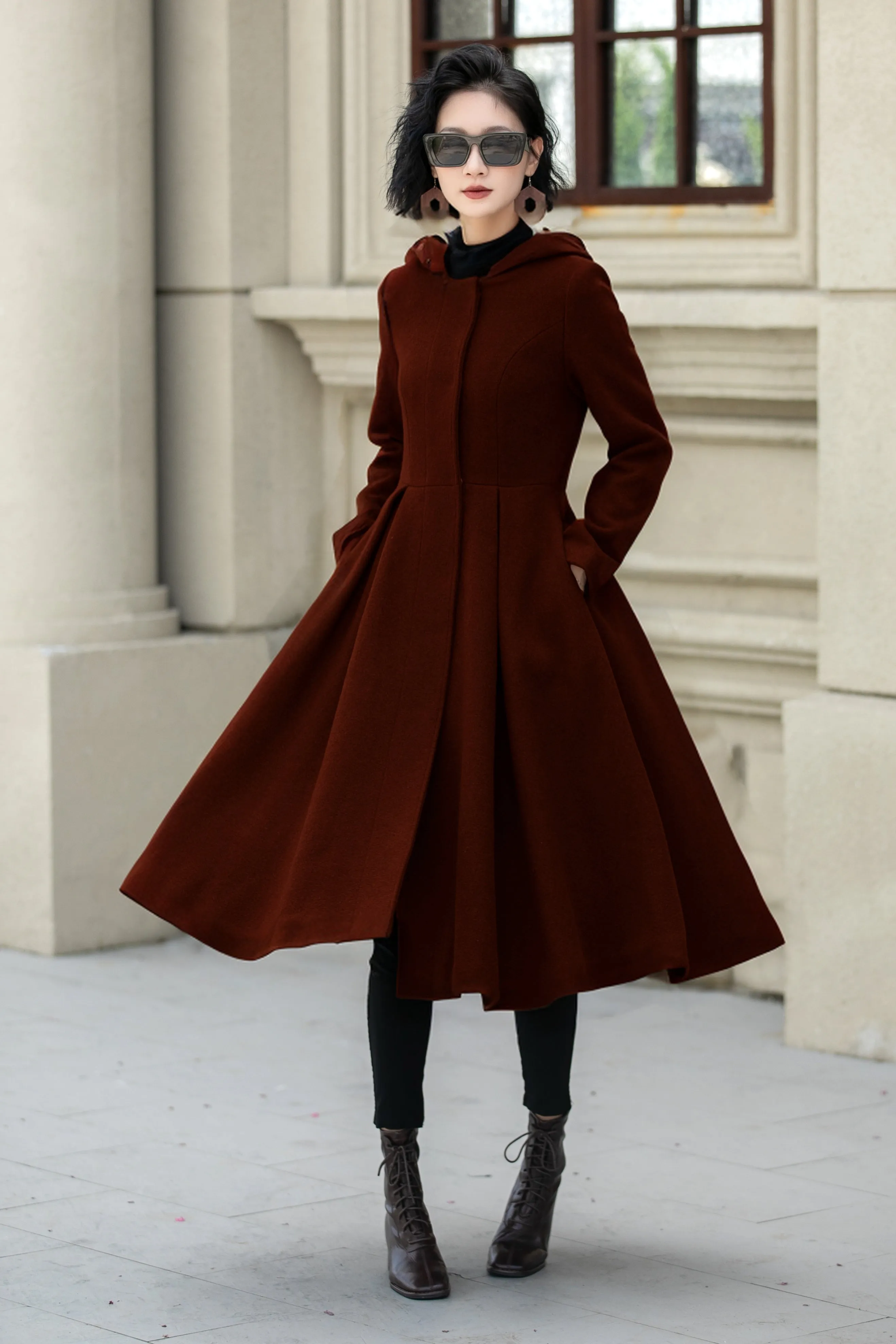 Hooded a line winter wool coat 5347