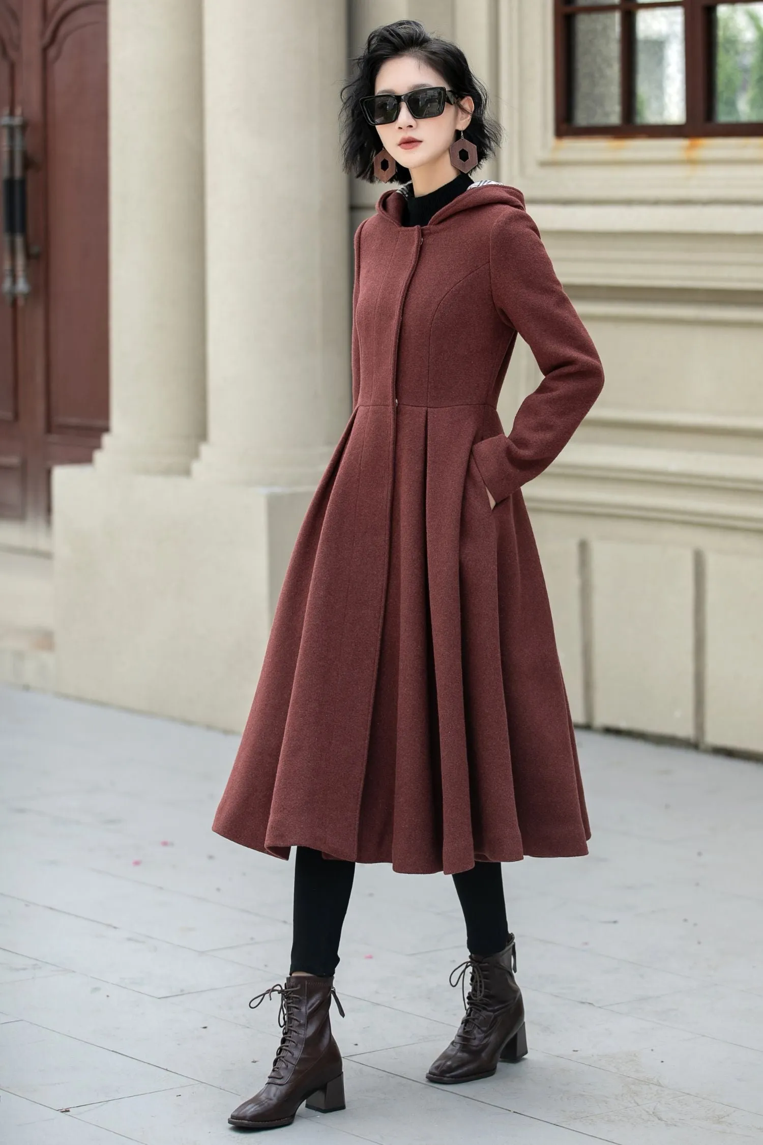 Hooded a line winter wool coat 5347