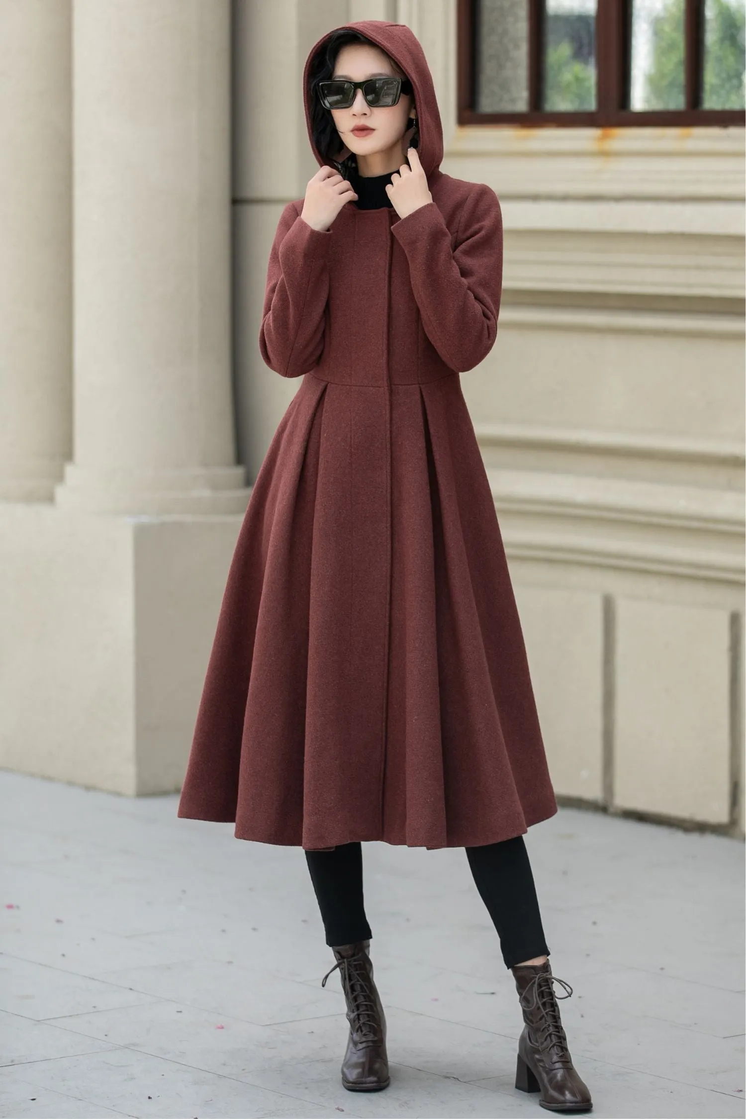 Hooded a line winter wool coat 5347