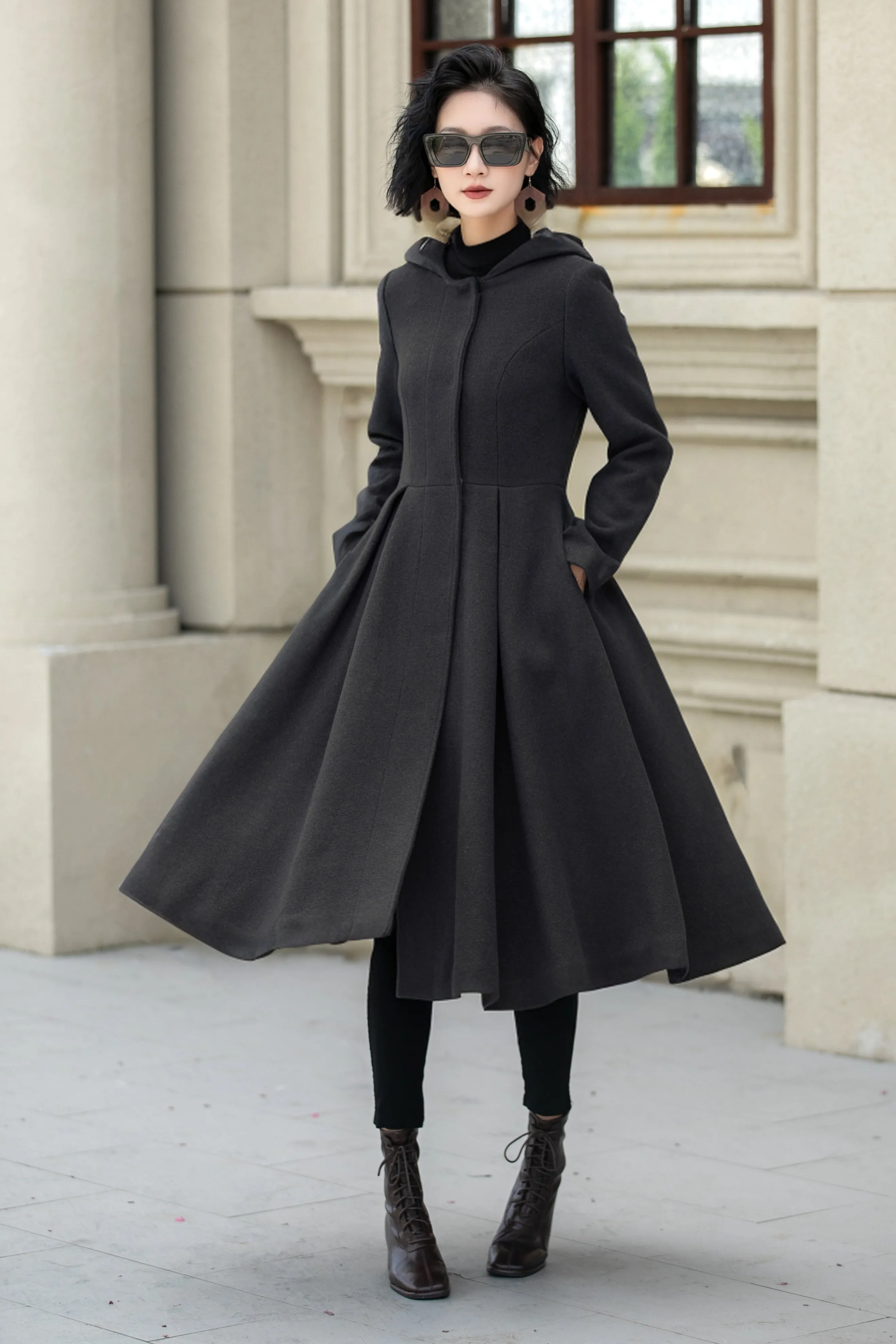 Hooded a line winter wool coat 5347