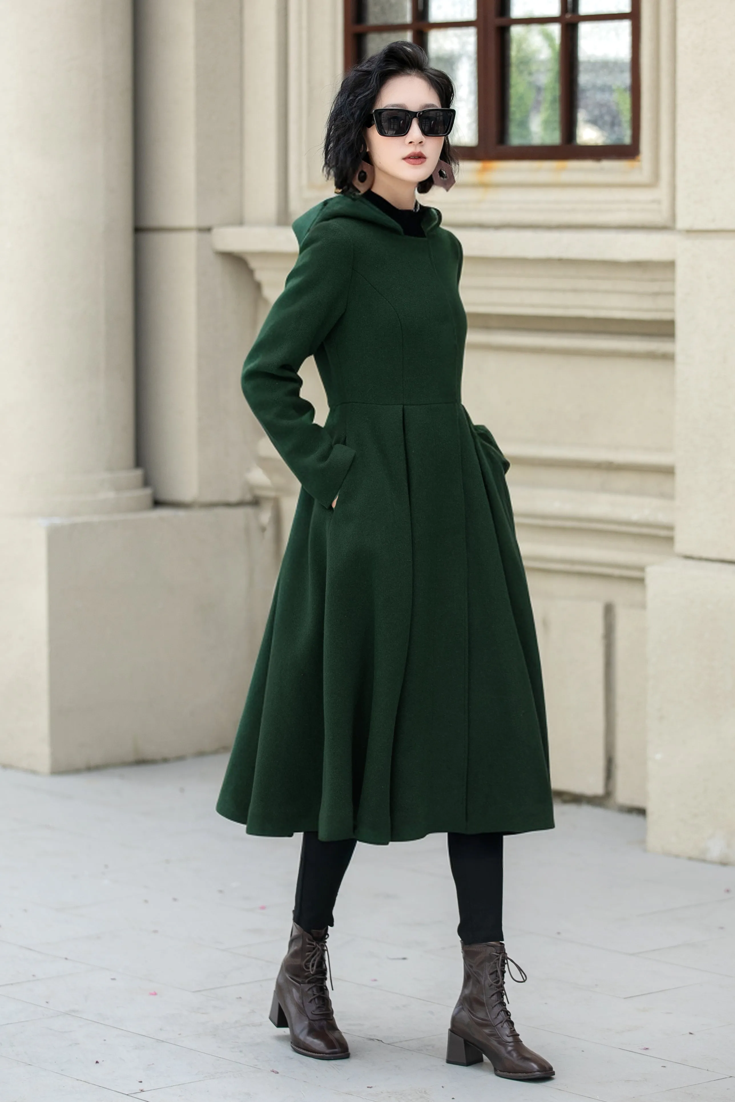 Hooded a line winter wool coat 5347