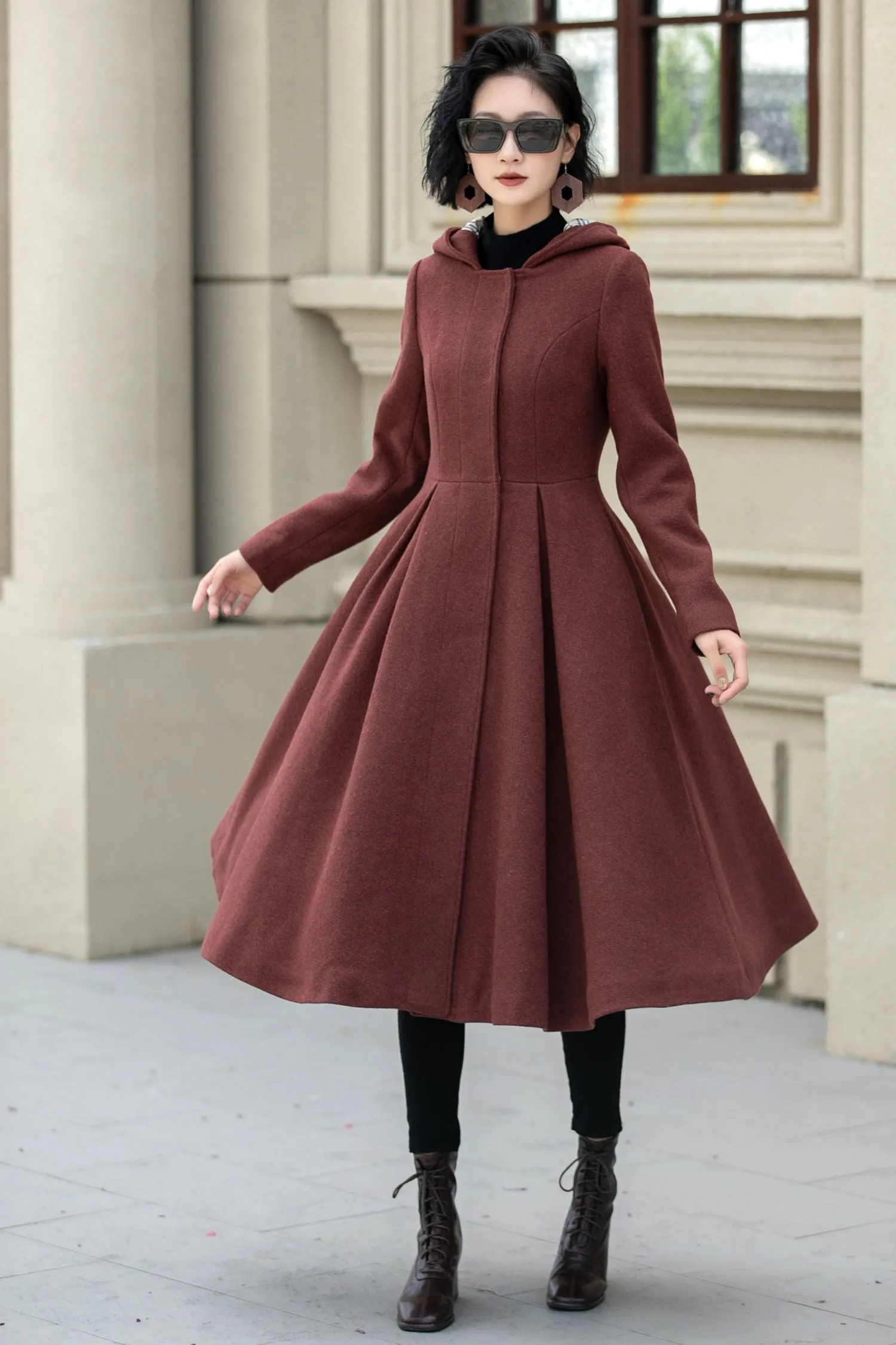 Hooded a line winter wool coat 5347