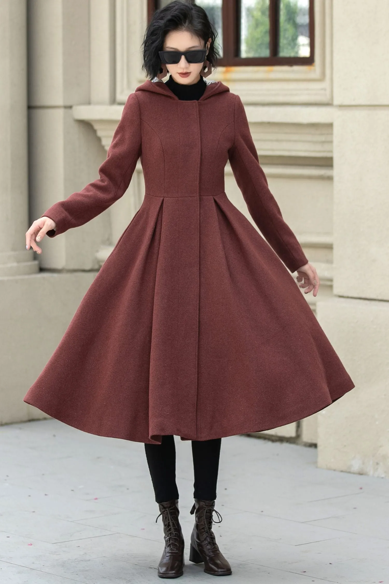 Hooded a line winter wool coat 5347