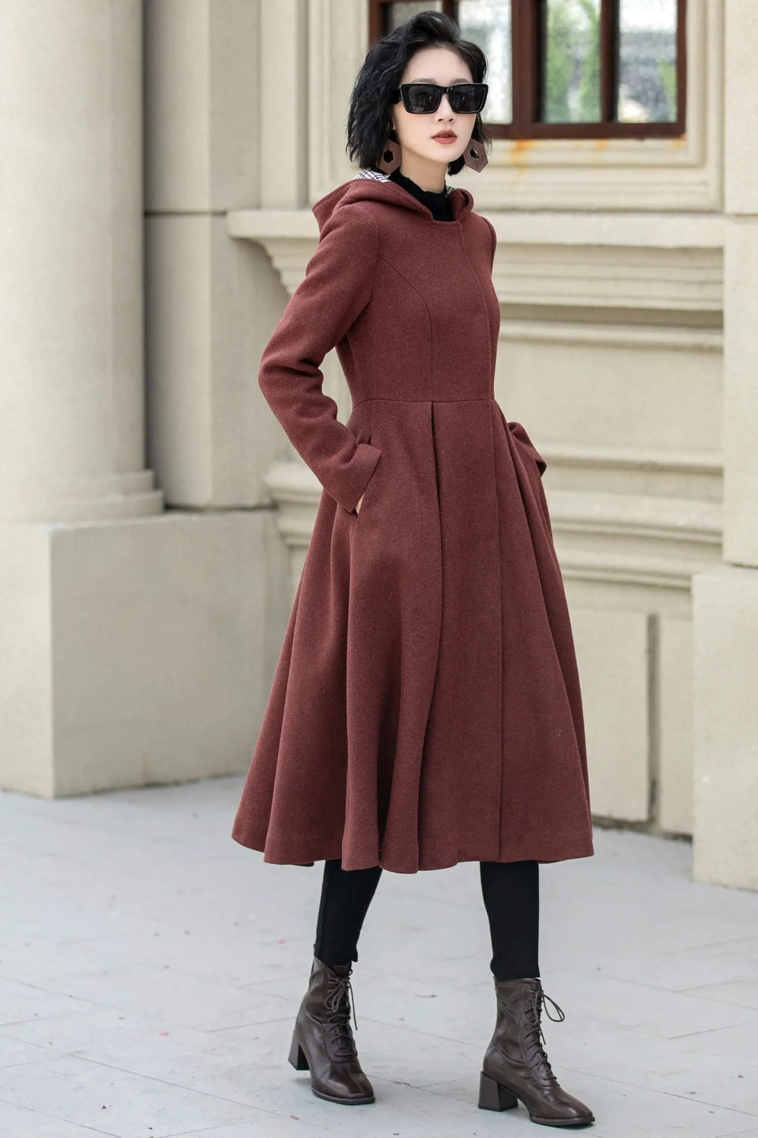 Hooded a line winter wool coat 5347