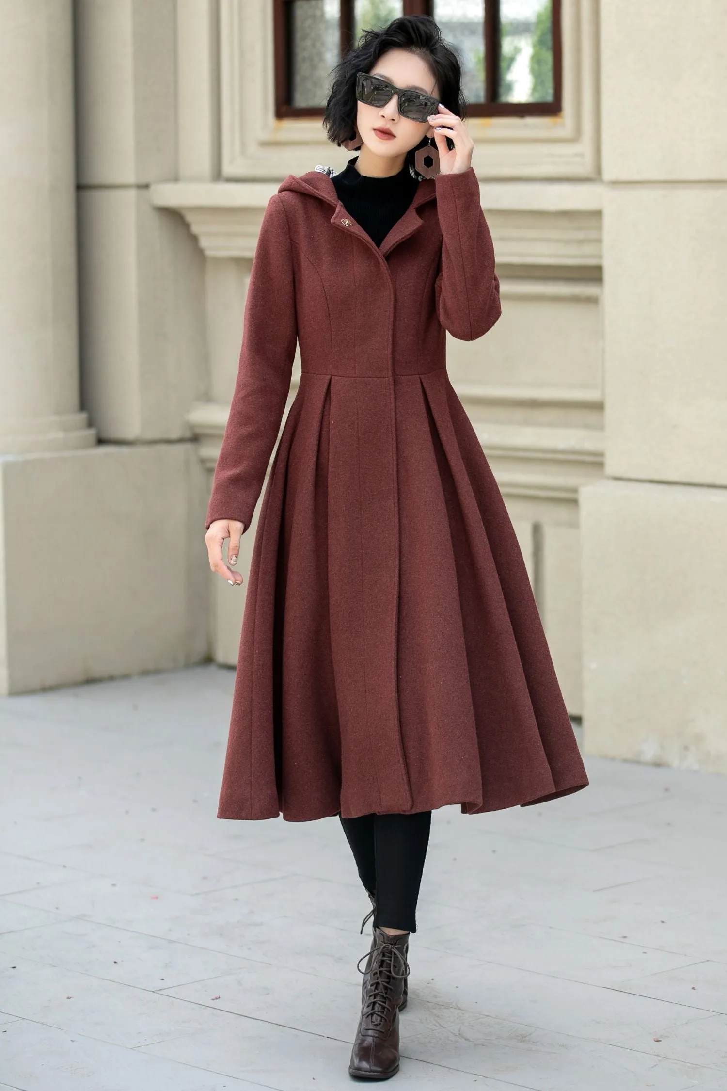 Hooded a line winter wool coat 5347