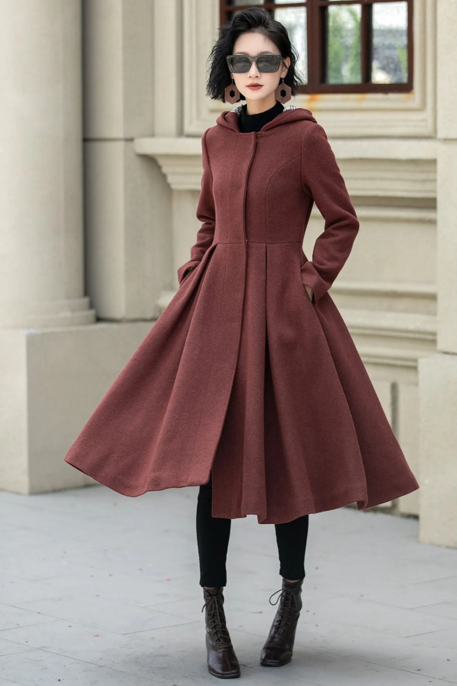 Hooded a line winter wool coat 5347