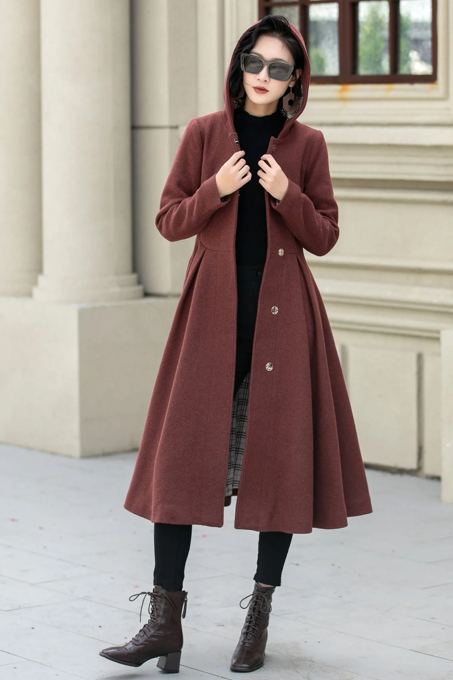 Hooded a line winter wool coat 5347