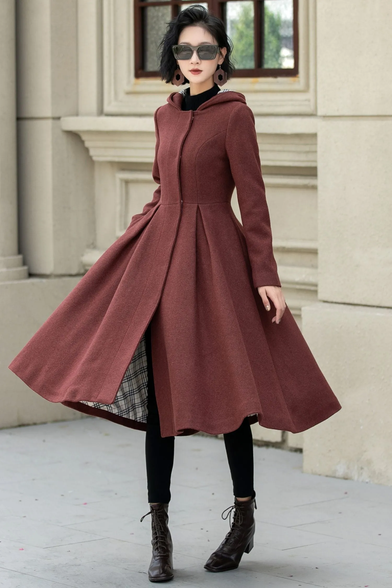 Hooded a line winter wool coat 5347