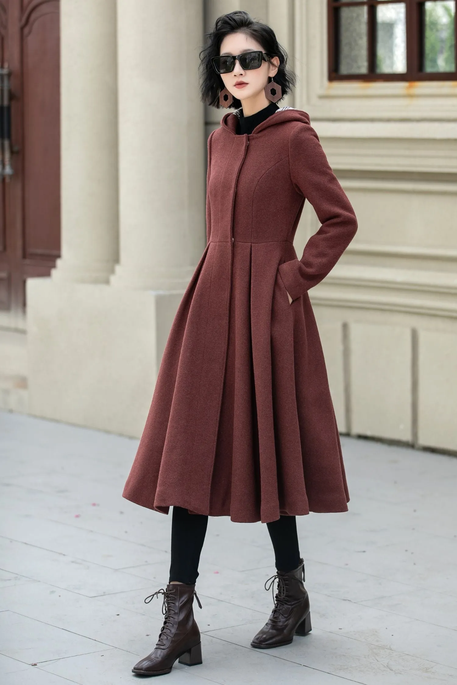 Hooded a line winter wool coat 5347