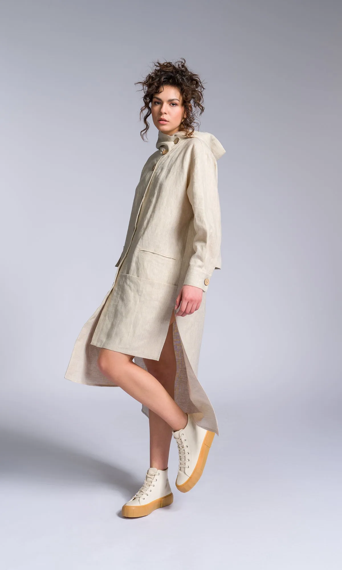 Hooded Shirt Dress with Asymmetric Hem