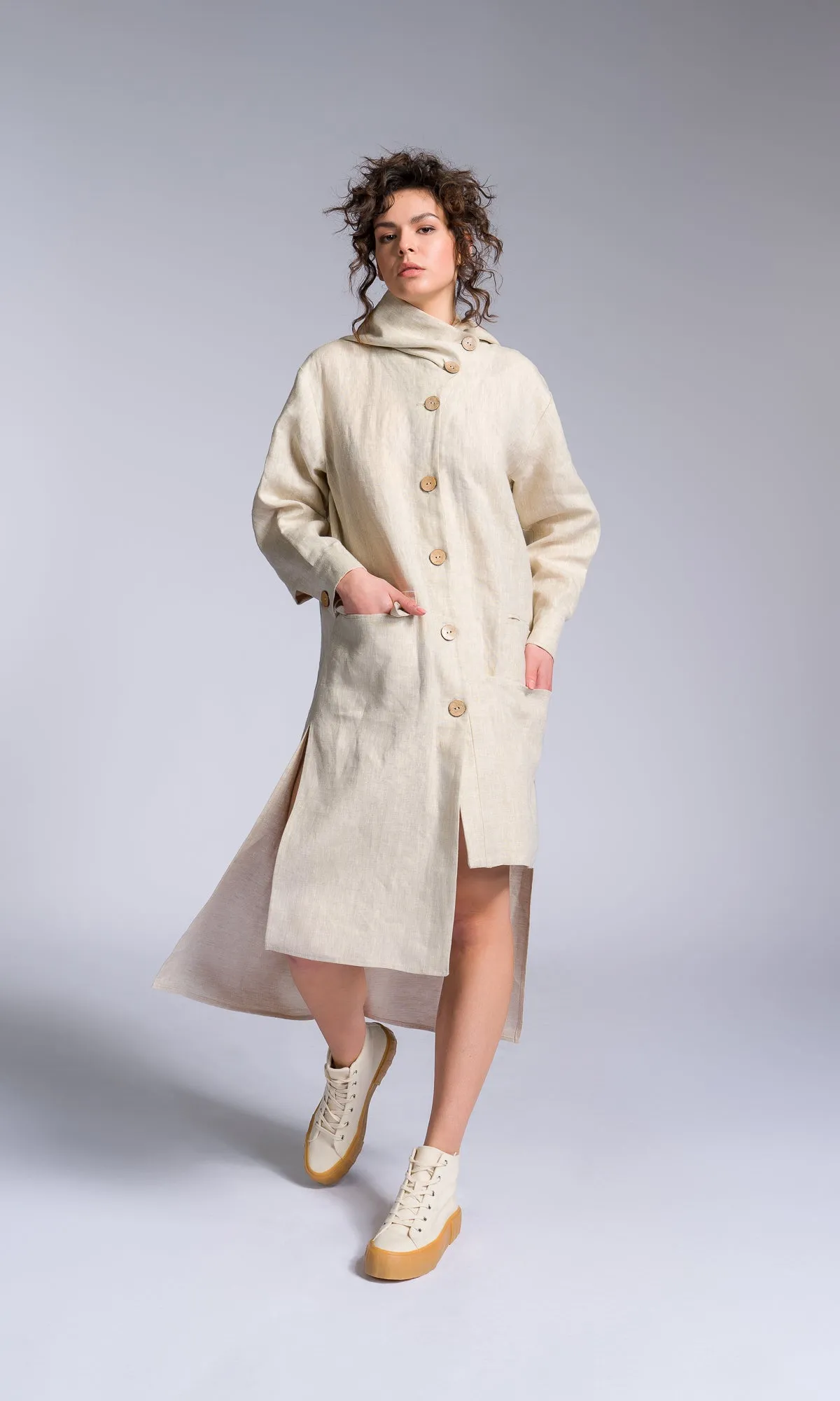 Hooded Shirt Dress with Asymmetric Hem